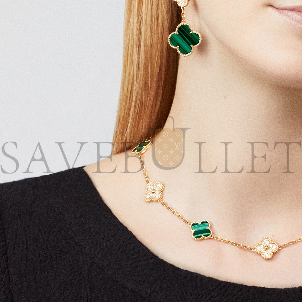 v*n cl*f arpels vintage alhambra necklace, 10 motifs - yellow gold, Di*m*nd, malachite  vcaro9j400